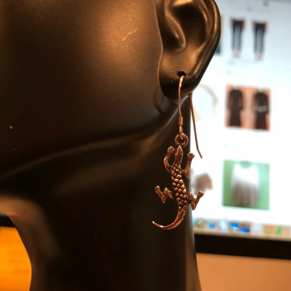 Southwest Gecko Dangle Sterling Earrings Artist Marked .925 Silver